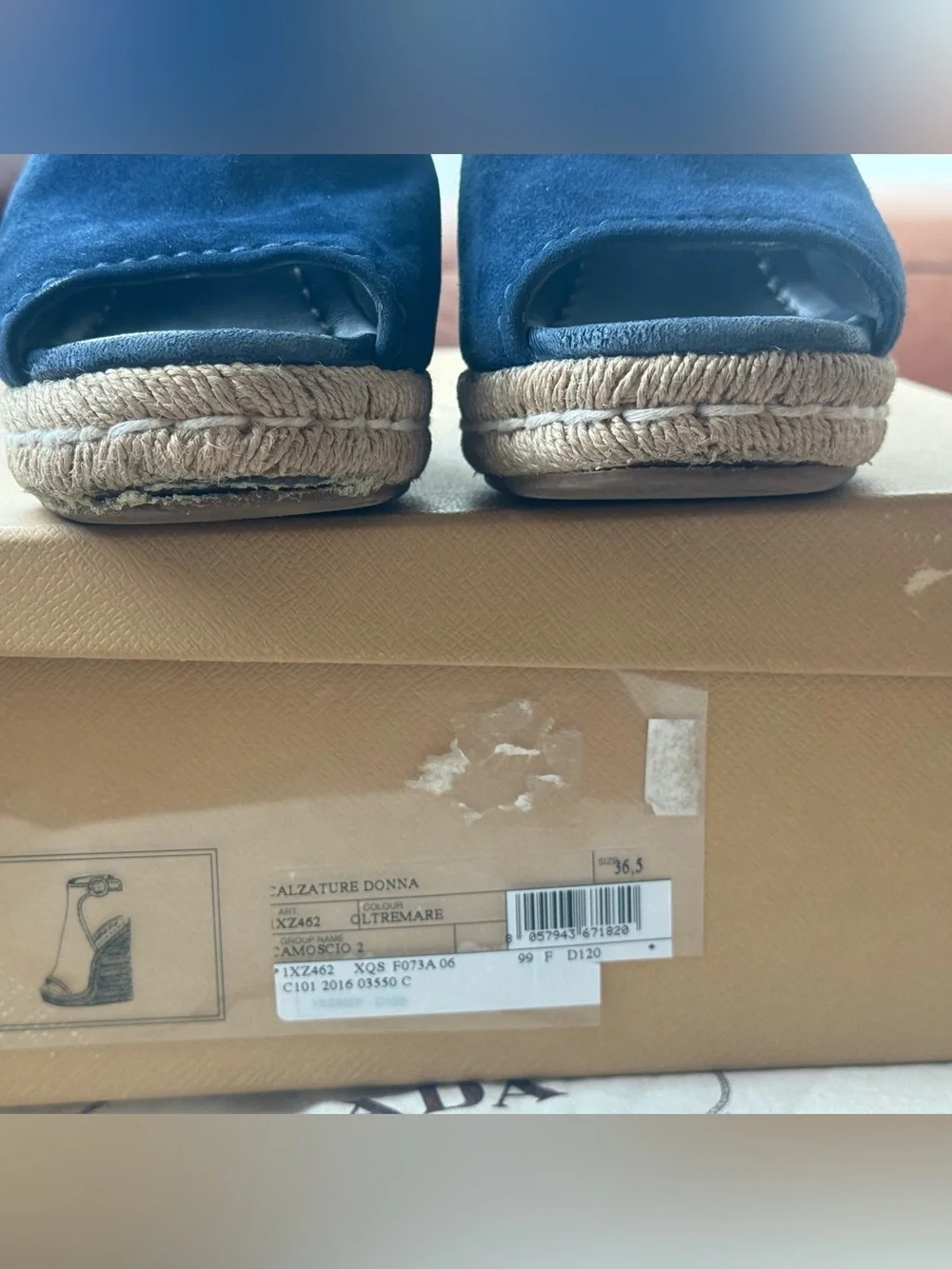 Prada Navy Suede Open-Toe Wedge Espadrilles